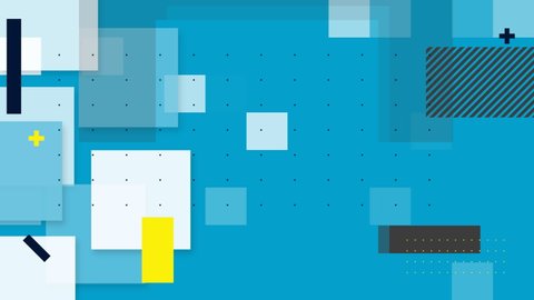 Animation of white squares and blue, yellow and lined rectangles moving on blue grid