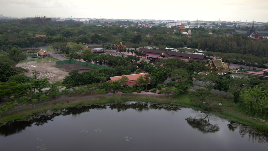 Bangkok, Thailand, aerial view, flying backward over the Semeru Mountain Palace at Ancient Siam (Mueang Boran).