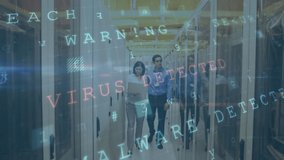 Animation of a Caucasian man and woman walking down a corridor between mainframe computer towers in a server room talking, while glowing digital text about computer security flashes and moves in the - Powered by Shutterstock - Get 15% off with code: PIKWIZARD15