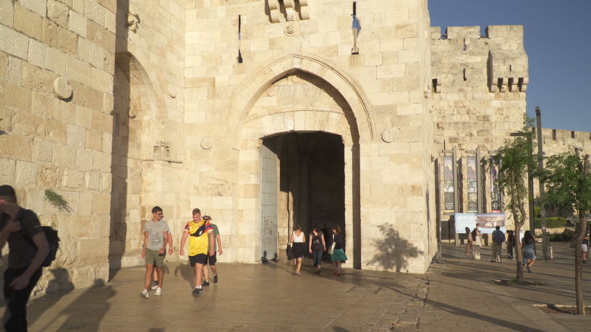 Jerusalem, Israel - 15 July 2019: People near Jaffa gate in Jerusalem. Editorial
