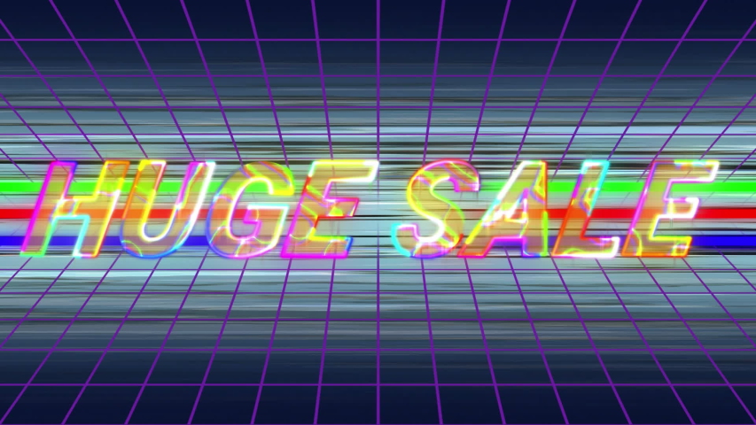 Animation of the words Huge Sale in changing multi-coloured italic capital letters with electrical current moving over them, on a purple grid and three green, red and blue moving horizontal lines and - Powered by Shutterstock - Get 15% off with code: PIKWIZARD15