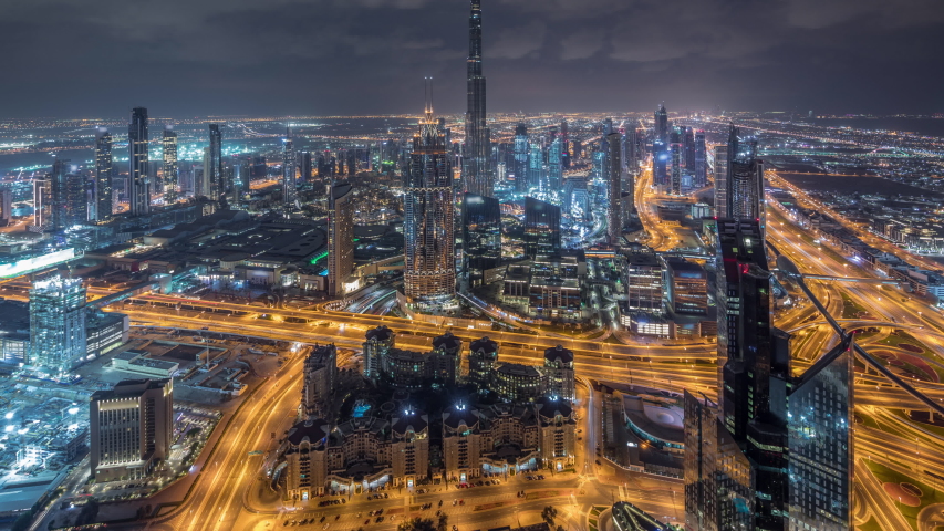 Dubai Cityscape At Night With Burj Khalifa In Center In The United Arab