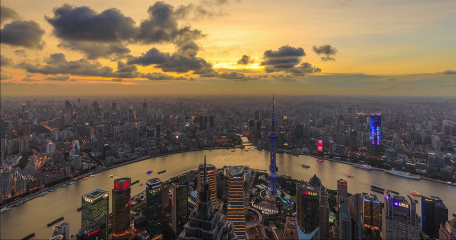 Shanghai skyline and cityscape with Huangpu River scene at sunset,time lapse.