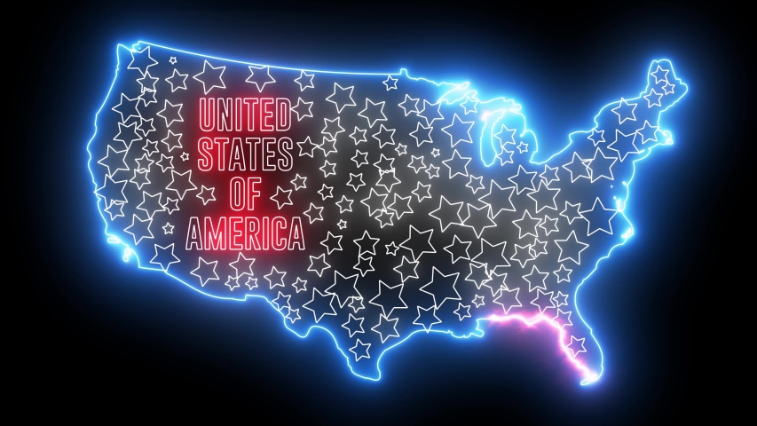 United states of america map with neon glowing light. creative animation of  america, shiny outline usa map.