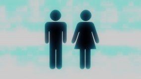 Black pictogram of a man and woman couple a white background with holographic screen glitch effect in seamless loop