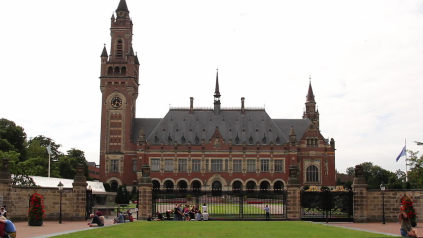 Tilting up from Peace Palace in The Hague to sky. It houses the International Court of Justice and is a popular tourist attraction in the Netherlands.