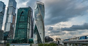 Moscow International Business Center so-called Moscow-City skyscrapers, consist of business, residential and lifestyle clusters, on July 25, 2019 in Moscow, Russia. time lapse cloud, video loop