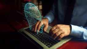 Man typing on laptop with artificial intelligence hologram screen over keyboard. Cybernetic brain, science, deep learning and cyber mind concept. Hand camera shake. - Powered by Shutterstock - Get 15% off with code: PIKWIZARD15