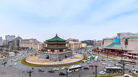 time lapse of xian bell tower, the traffic flow of roundabout road in ancient city center, China