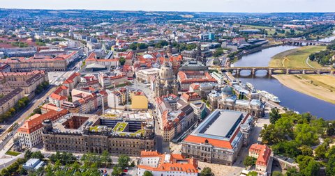 Aerial view on the main city square with famous church of Our Lady  in Dresden city, Germany.