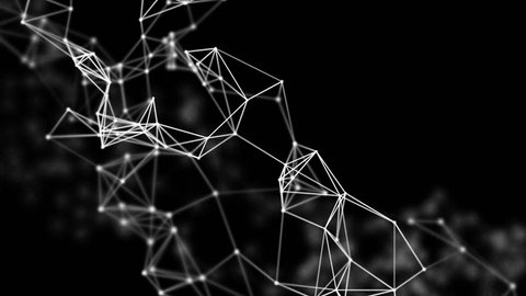3D network evolving. Lines and dots pulsating, forming a mesh. Depth of field settings. Background for communications, technology, science, computer networks, internet, social media. White on black.