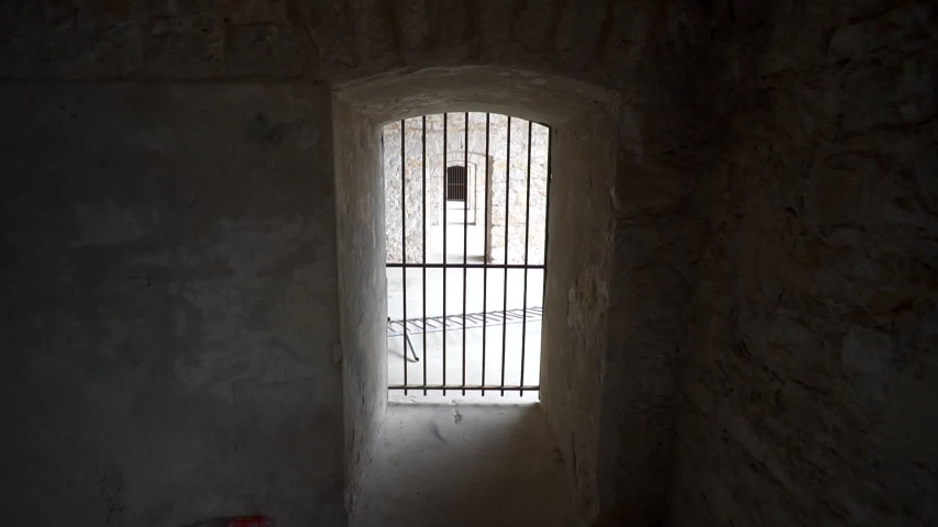 Port Vauban Antibes France. Stone building in the port. Park facilities and iron bars close the passage. Jail. No exit