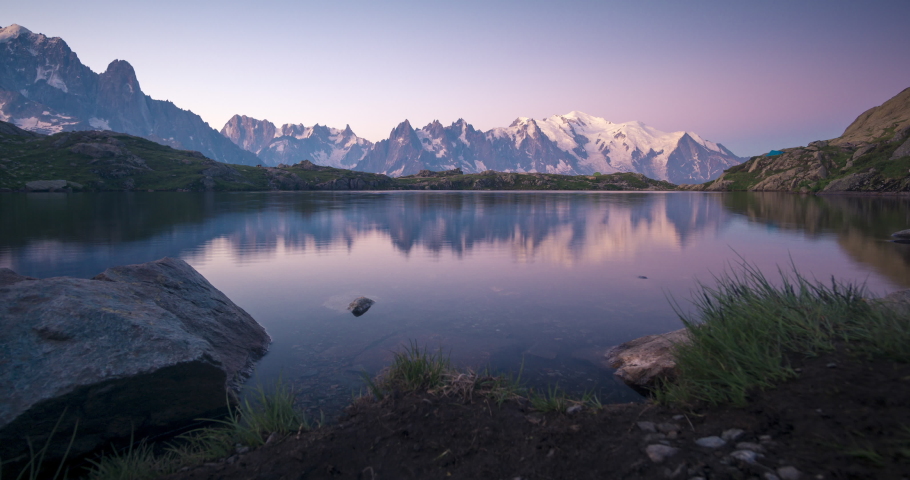 Sunset seen from lake des Cheserys, Chamonix. Mont blanc catching light at sunset with perfect reflection