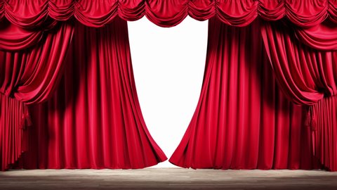 Empty theater stage with red velvet curtains. Opening curtains with luma matte.