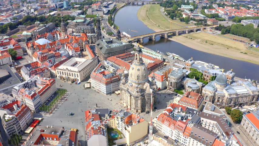 Aerial view on the main city square with famous church of Our Lady  in Dresden city, Germany. Royalty-Free Stock Footage #1034962361
