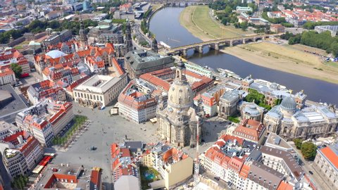 Aerial view on the main city square with famous church of Our Lady  in Dresden city, Germany.