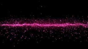 Abstract motion background of sparkling pink particles flying away from the center, wave of particles, looped video.