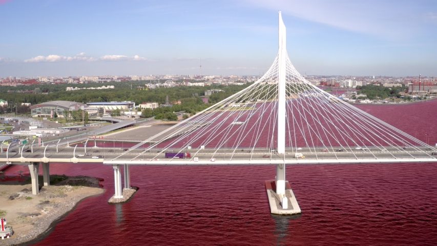 Time Lapse of the cable-stayed bridge across the Petrovsky fairway of the western high-speed diameter. St. Petersburg. Russia