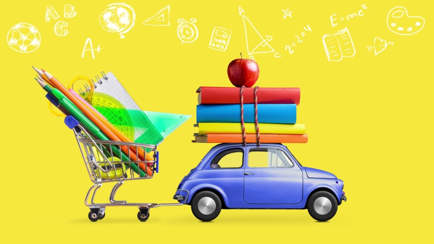 Back to school. Car delivering shopping cart with stationery, books and apple against yellow colored school blackboard with education symbols. Seamlessly looped 4k animation.