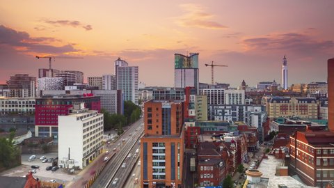 birmingham city skyline timelapse day to night aerial view from sunset england uk