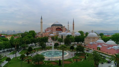 Aerial view of Hagia Sophia, Blue Mosque and Topkap? Palace in Istanbul City. Ayasofya, Sultanahmet and Istanbul Bosphorus landscape 4K footage in Turkey. 