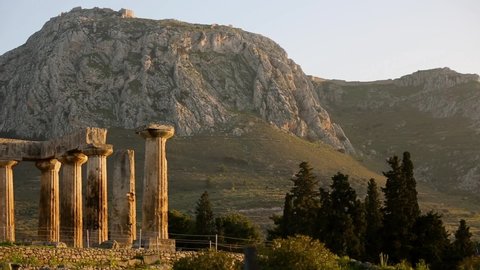 Ancient Apollo Temple ruins in the town of Corinth