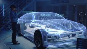 Engineer Wearing Augmented Reality Headset Chooses Body for New Electric Car Concept. 3D Graphics Visualization Shows Vehicle Frame Developing in Real Time into Futuristic Concept - Powered by Shutterstock - Get 15% off with code: PIKWIZARD15