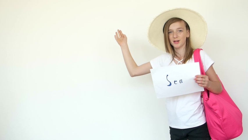 Teenage girl with beach bag on white background