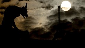 Notre Dame Gargoyle Overlooking Paris with Eiffel Tower, Time Lapse in a Dark Night with Full Moon, France - Powered by Shutterstock - Get 15% off with code: PIKWIZARD15