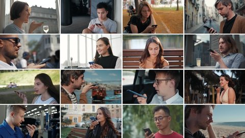 Collage multi camera woman Man using the voice recognition ai audio message on the phone, audio message ai speech helper, group student male outdoor collage people faces