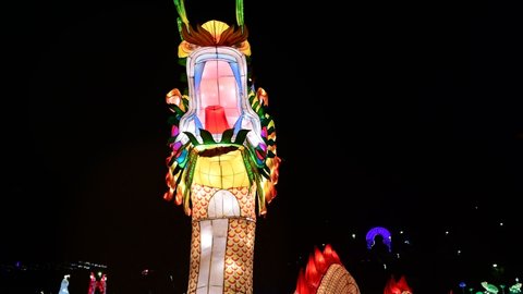 Dragon chinese lantern show color art night lights Kiev Ukraine march 2019