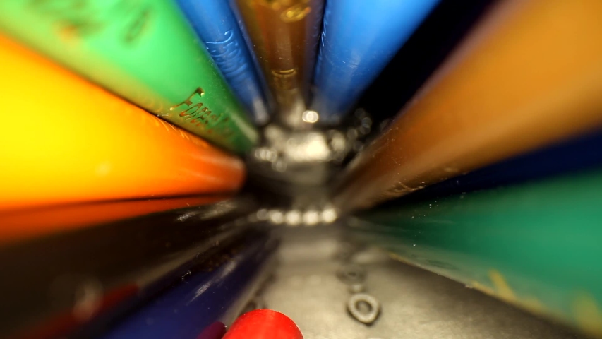 Moving into a jar of colored pencils starting near the bottom. Ending up with the jars glass in focus to finish. Using a wide angle probe lens to get a unique perspective.