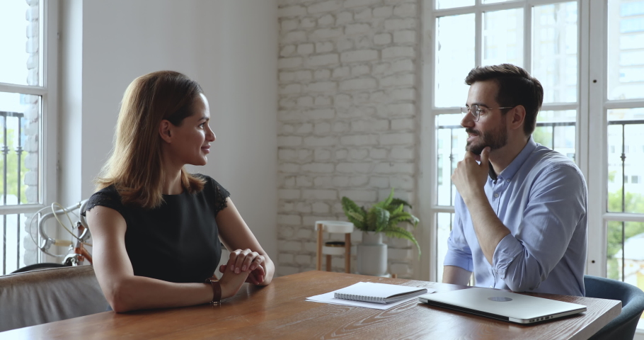Male hr manager employer recruiter interviewing young female job applicant handshaking client thanking making business agreement at hiring negotiations, human resource, respect and recruiting concept Royalty-Free Stock Footage #1035023891