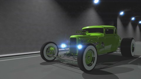 Hot rod green. Rides in the tunnel with the lights on. 3D render looped video