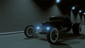 Hot rod black. Rides in the tunnel with the lights on. 3D render looped video