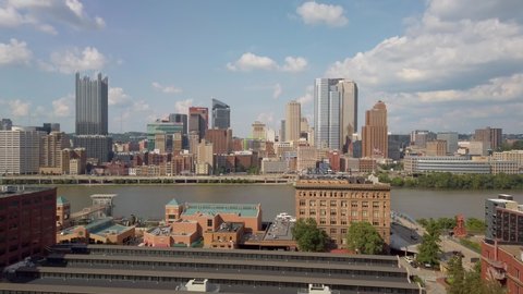 View of the Pittsburgh skyline from the Monongahela Incline as it travels up to Mount Washington from downtown Pittsburgh, PA.