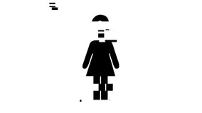 Black icon of a woman with quickly changing various symbols instead of her head with displacing glitch effect in seamless loop