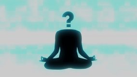 Black silhouette of a meditating person with quickly changing various symbols instead of his head with blinking blue tv lines effect in seamless loop