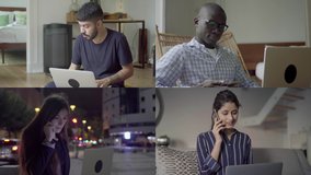 Collage of young men and women of different races sitting inside and outside, working on laptop, talking on phone. Freelance, communication concept