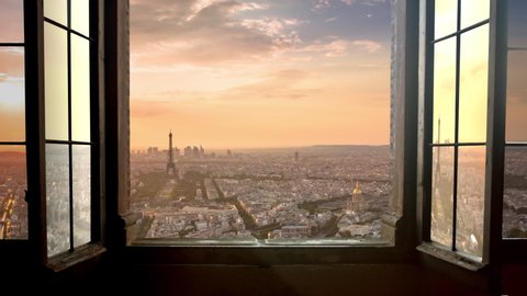 paris timelapse at sunset seen from a window aerial view
