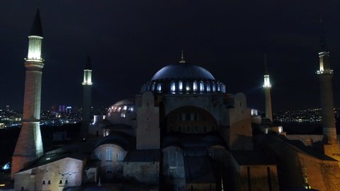 Aerial view of Hagia Sophia, Blue Mosque and Topkap? Palace in Istanbul City at Night. Ayasofya, Sultanahmet and Istanbul Bosphorus landscape 4K footage in Turkey. 