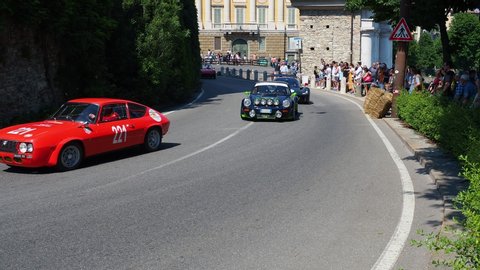 Bergamo, Italy. June 2, 2019. Historical Gran Prix. Parade of historic cars along the route of the Venetian walls that surround the old city. Original sound of historic cars