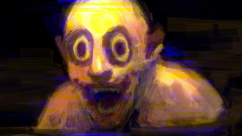 Digital traditional painting of a scary creepy man smiling in the dark horror illustration camera glitch technology interference video