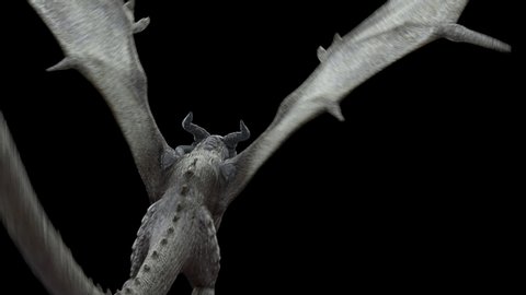 Realistic Dragon flying and waving his wings isolated on black with alpha channel and additional alpha matte. Production Quality footage in ProRes 4444 codec 30 FPS.