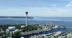 Top view aerial footage from flying drone of Tampere city. Fly over amusement park Sarkaniemi