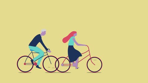 Color flat character Man and Woman ride a bicycle. Cycle Character Animation
