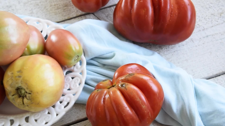 Raw ripe graden tomatoes on wooden background. Vegetarian ingredients, seasonal produce
