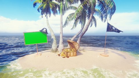 Sand, sea, sky, clouds, palm trees, sharks and summer day. Pirate island, a chest of gold, a wooden banner with a green screen and a pirate flag fluttering in the wind. A beautiful background loop.