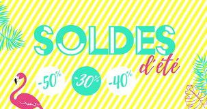 colorful summer sales animation with flamingo, palms, and percent yellow blue pink