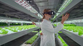 Vertical hydroponics plantation man and woman in white coats use virtual reality technologies simulating interface operation - Powered by Shutterstock - Get 15% off with code: PIKWIZARD15